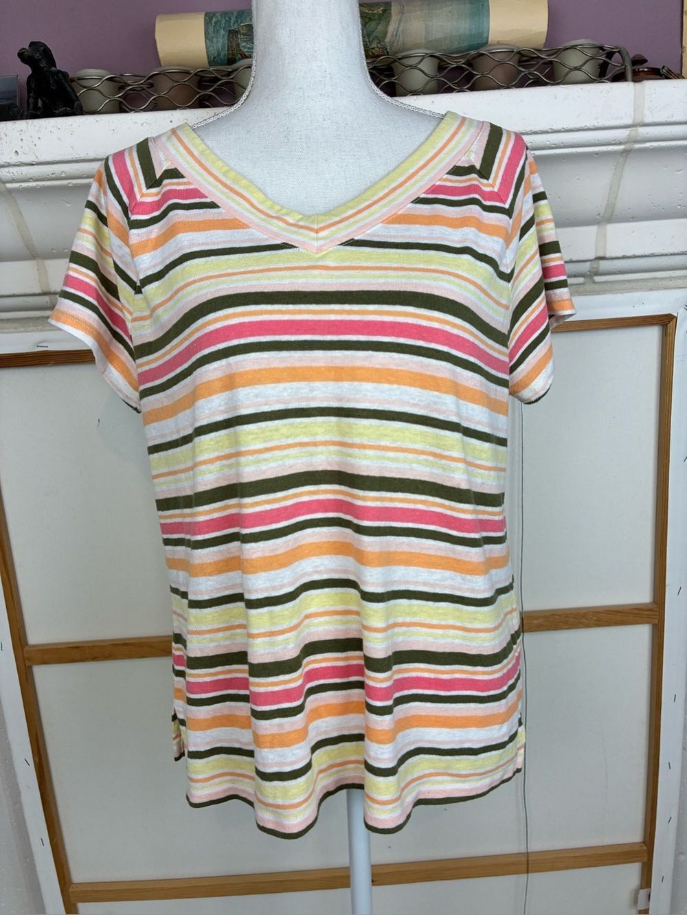 Talbots V-Neck Slub Short Sleeve Tee in Olive, Lemon Pink snd Orange
